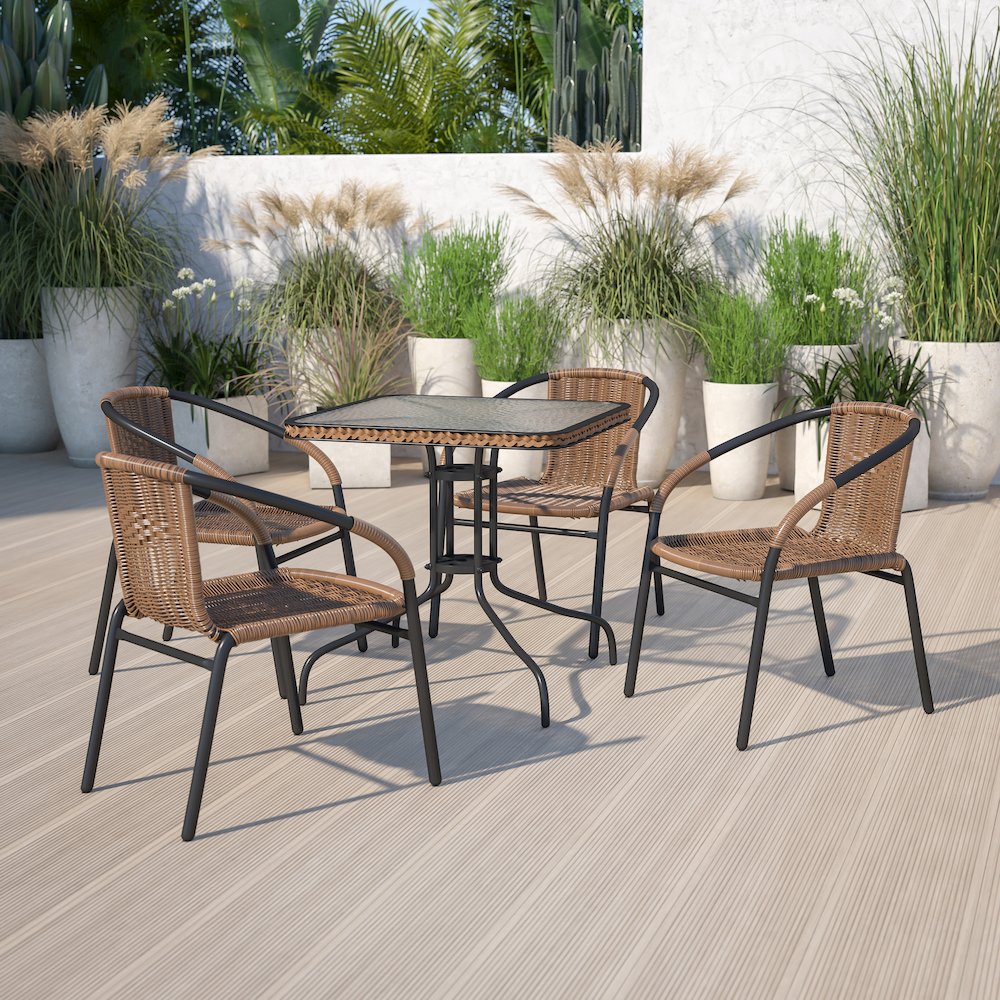 28'' Square Tempered Glass Metal Table with Dark Brown Rattan Edging. Picture 2