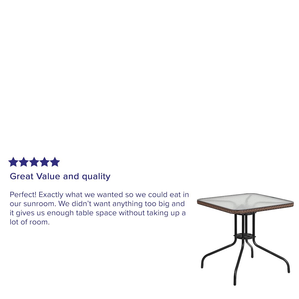 28'' Square Tempered Glass Metal Table with Dark Brown Rattan Edging. Picture 4