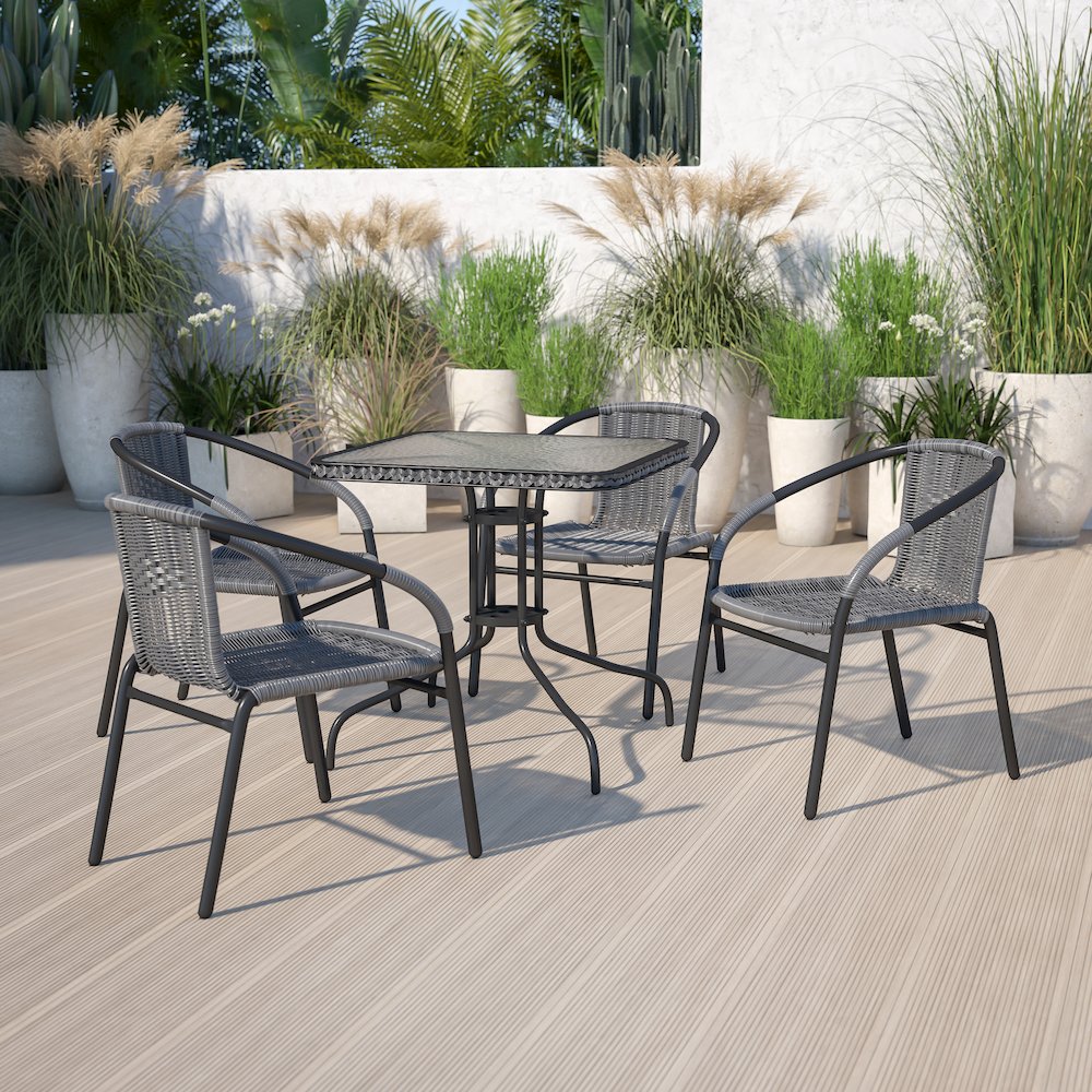 28'' Square Tempered Glass Metal Table with Gray Rattan Edging. Picture 2
