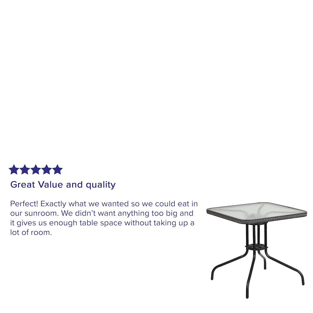 28'' Square Tempered Glass Metal Table with Gray Rattan Edging. Picture 4