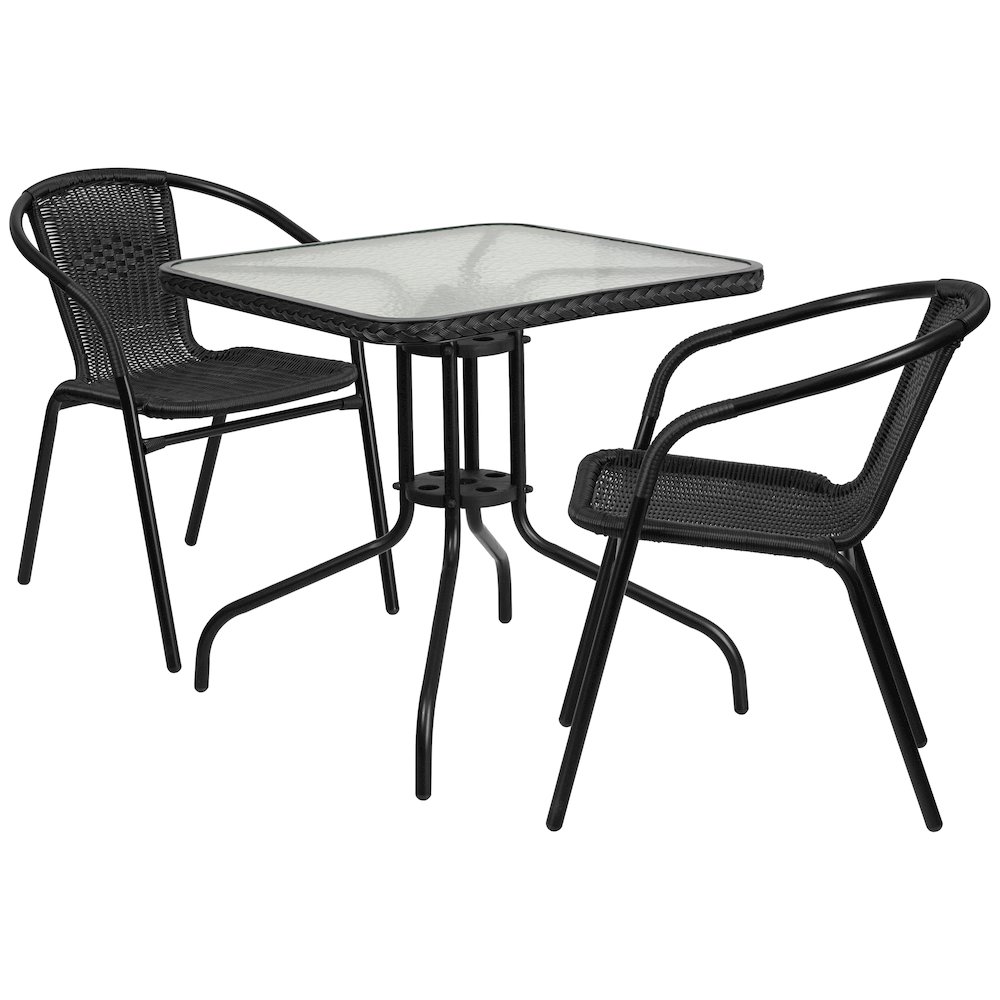 28'' Glass Metal Table with Black Rattan Edging and 2 Black Rattan Stack Chairs. Picture 1