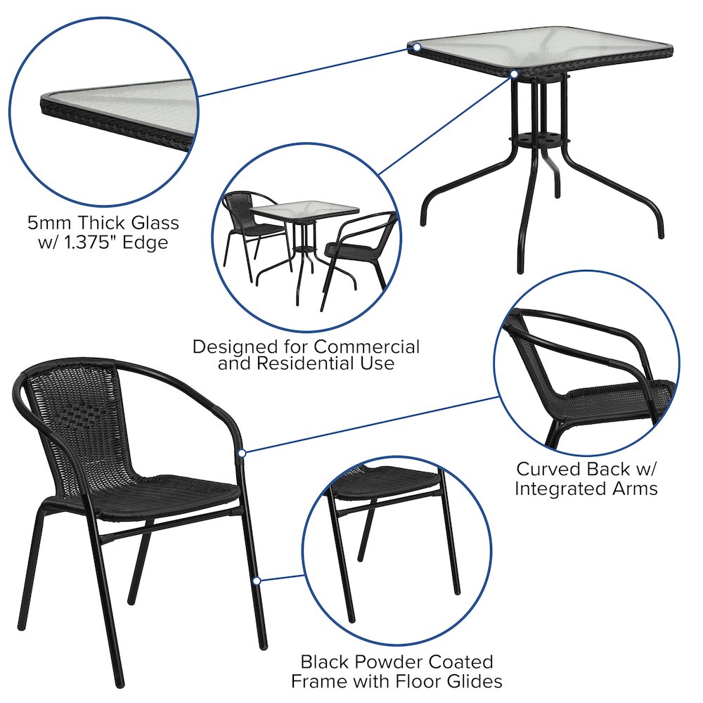 28'' Glass Metal Table with Black Rattan Edging and 2 Black Rattan Stack Chairs. Picture 4