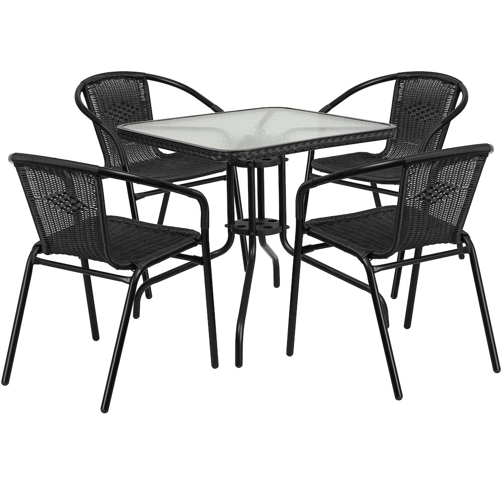 28'' Glass Metal Table with Black Rattan Edging and 4 Black Rattan Stack Chairs. Picture 1