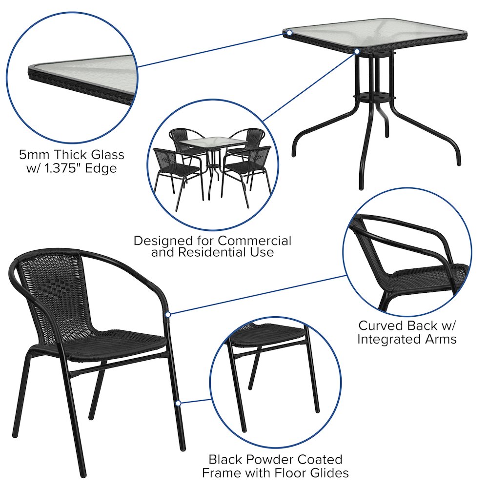 28'' Glass Metal Table with Black Rattan Edging and 4 Black Rattan Stack Chairs. Picture 4
