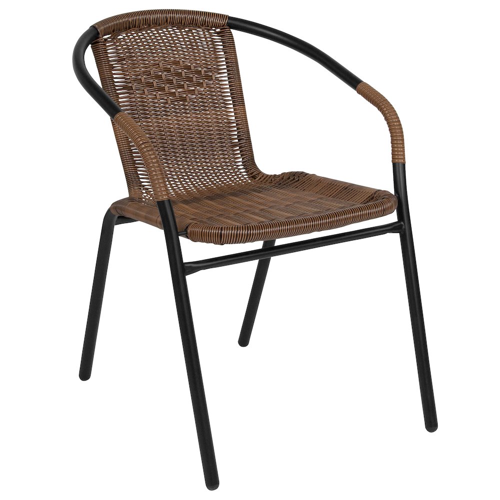 28'' Square Glass Metal Table with Dark Brown Rattan Edging and 4 Dark Brown Rattan Stack Chairs. Picture 3