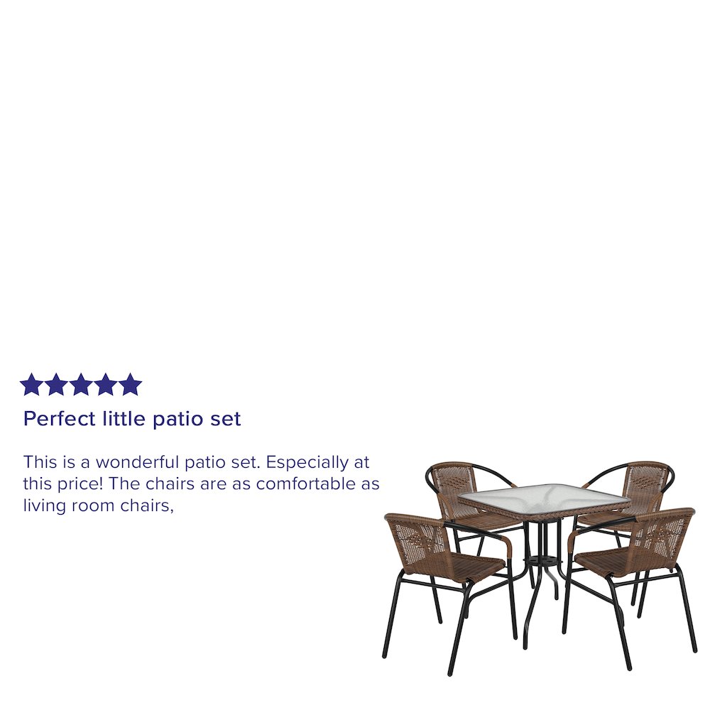 28'' Square Glass Metal Table with Dark Brown Rattan Edging and 4 Dark Brown Rattan Stack Chairs. Picture 5