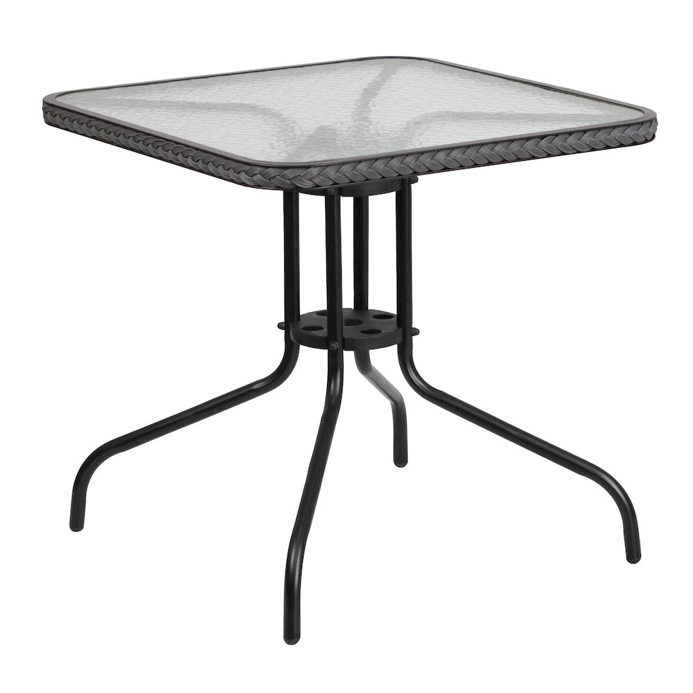 28'' Square Glass Metal Table with Gray Rattan Edging and 2 Gray Rattan Stack Chairs. Picture 2