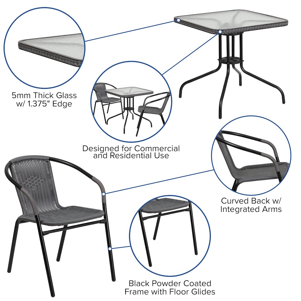 28'' Glass Metal Table with Gray Rattan Edging and 2 Gray Rattan Stack Chairs. Picture 4