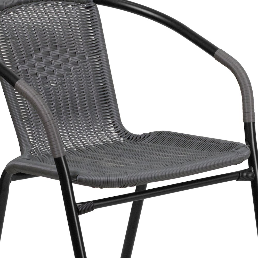 28'' Glass Metal Table with Gray Rattan Edging and 2 Gray Rattan Stack Chairs. Picture 9
