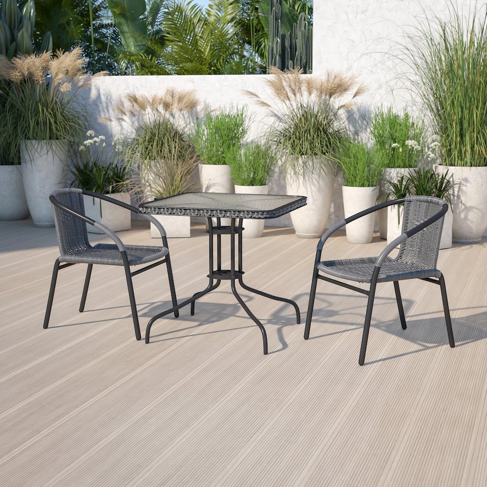 28'' Square Glass Metal Table with Gray Rattan Edging and 2 Gray Rattan Stack Chairs. Picture 4