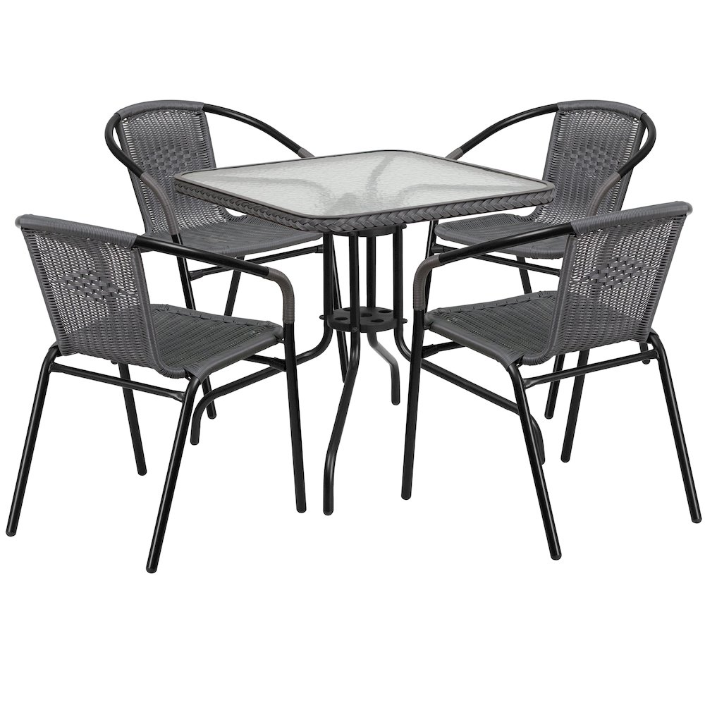 28'' Glass Metal Table with Gray Rattan Edging and 4 Gray Rattan Stack Chairs. Picture 1