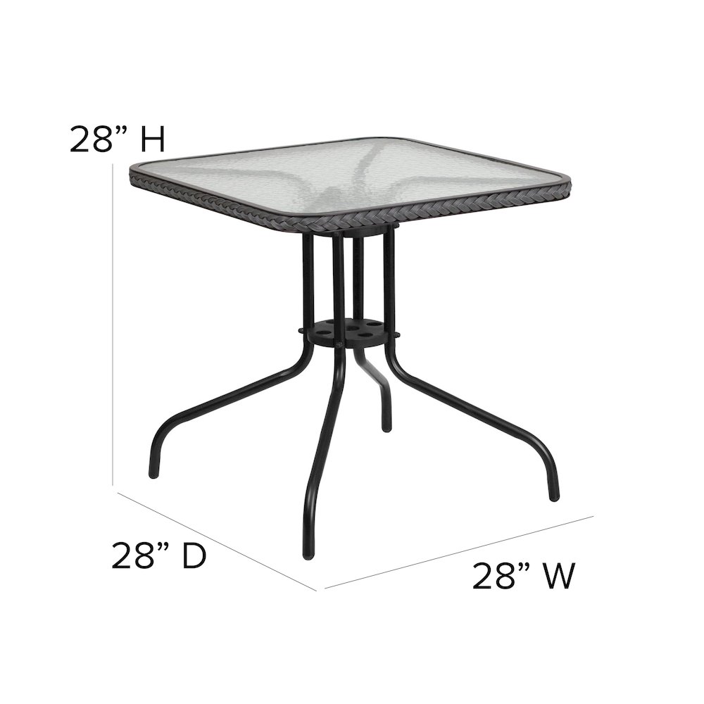 28'' Glass Metal Table with Gray Rattan Edging and 4 Gray Rattan Stack Chairs. Picture 6