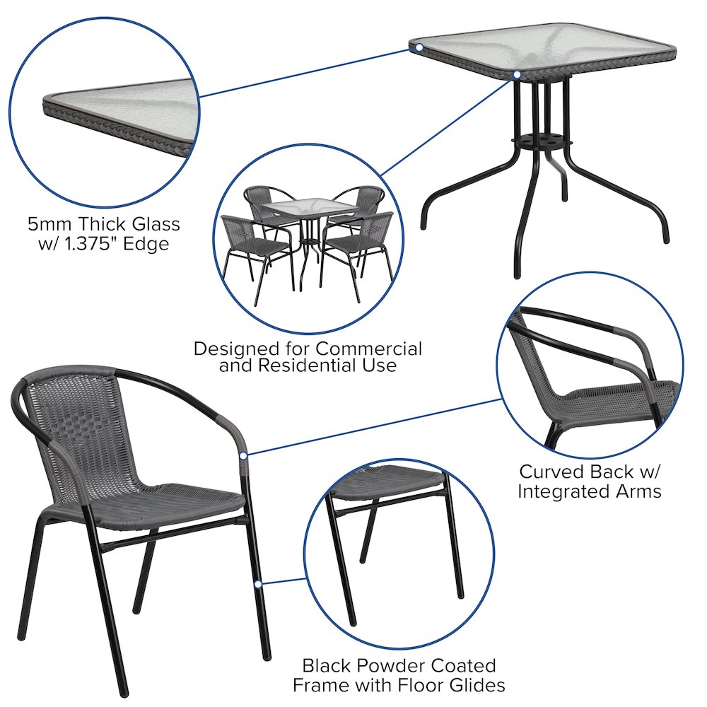 28'' Glass Metal Table with Gray Rattan Edging and 4 Gray Rattan Stack Chairs. Picture 5