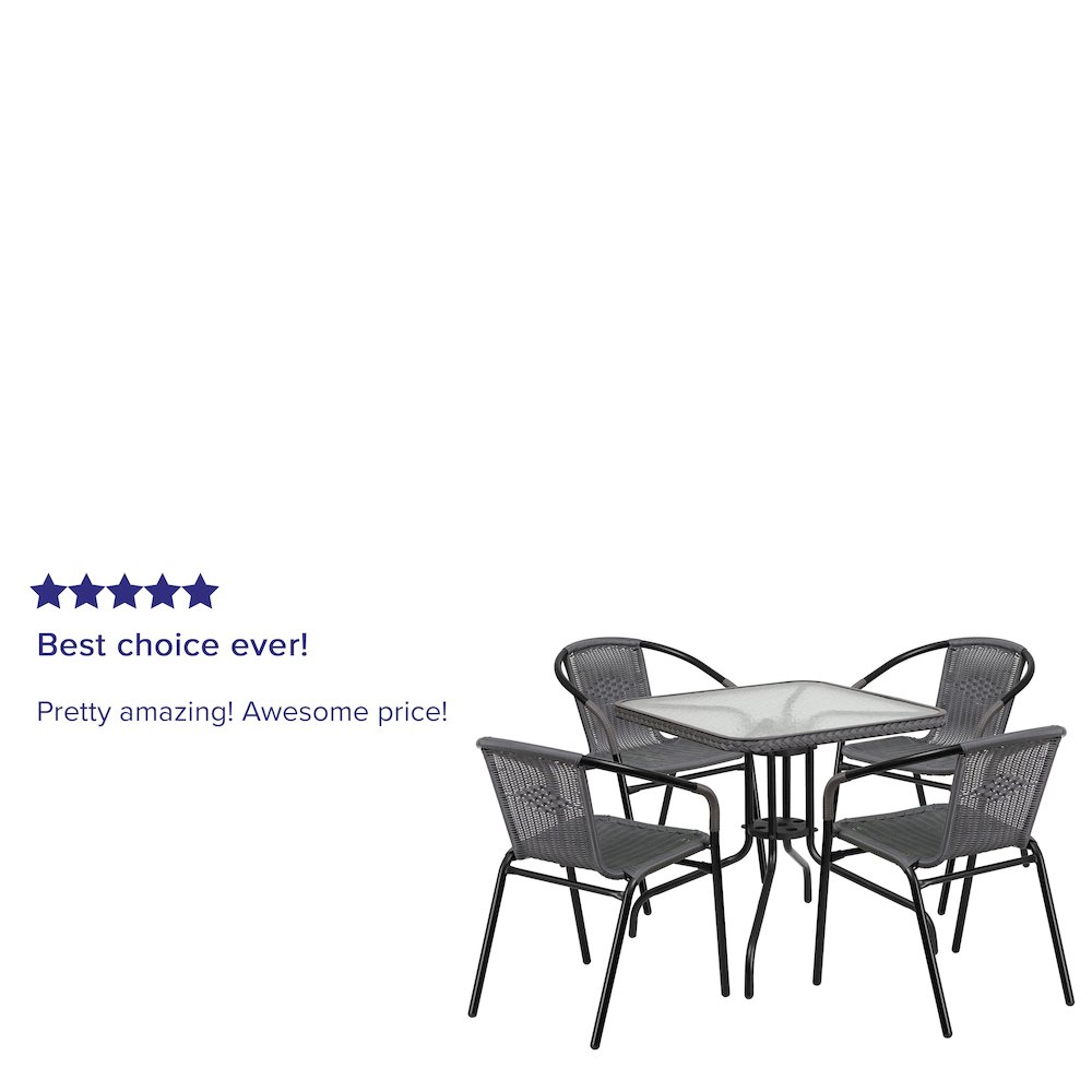 28'' Glass Metal Table with Gray Rattan Edging and 4 Gray Rattan Stack Chairs. Picture 4