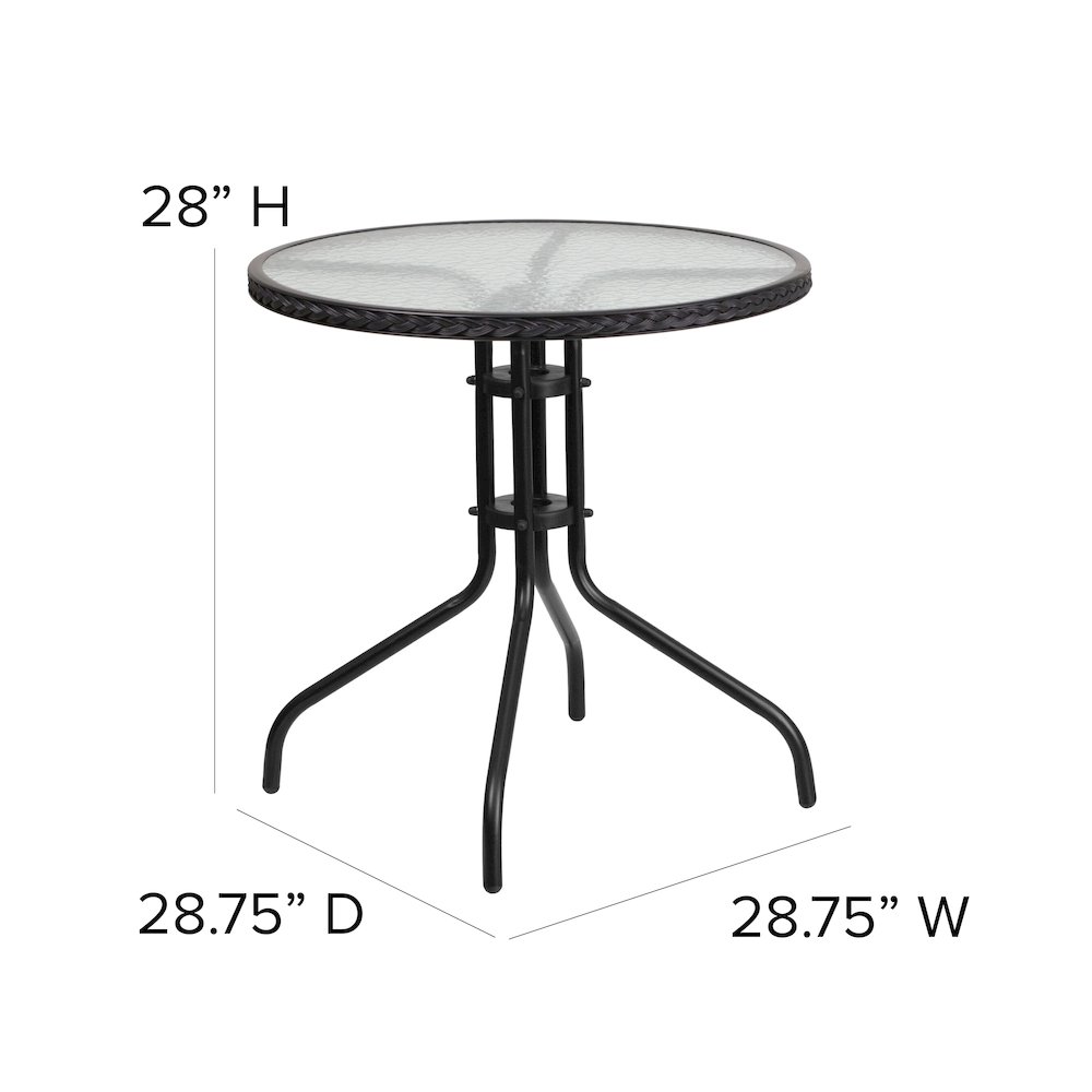 28'' Round Tempered Glass Metal Table with Black Rattan Edging. Picture 5