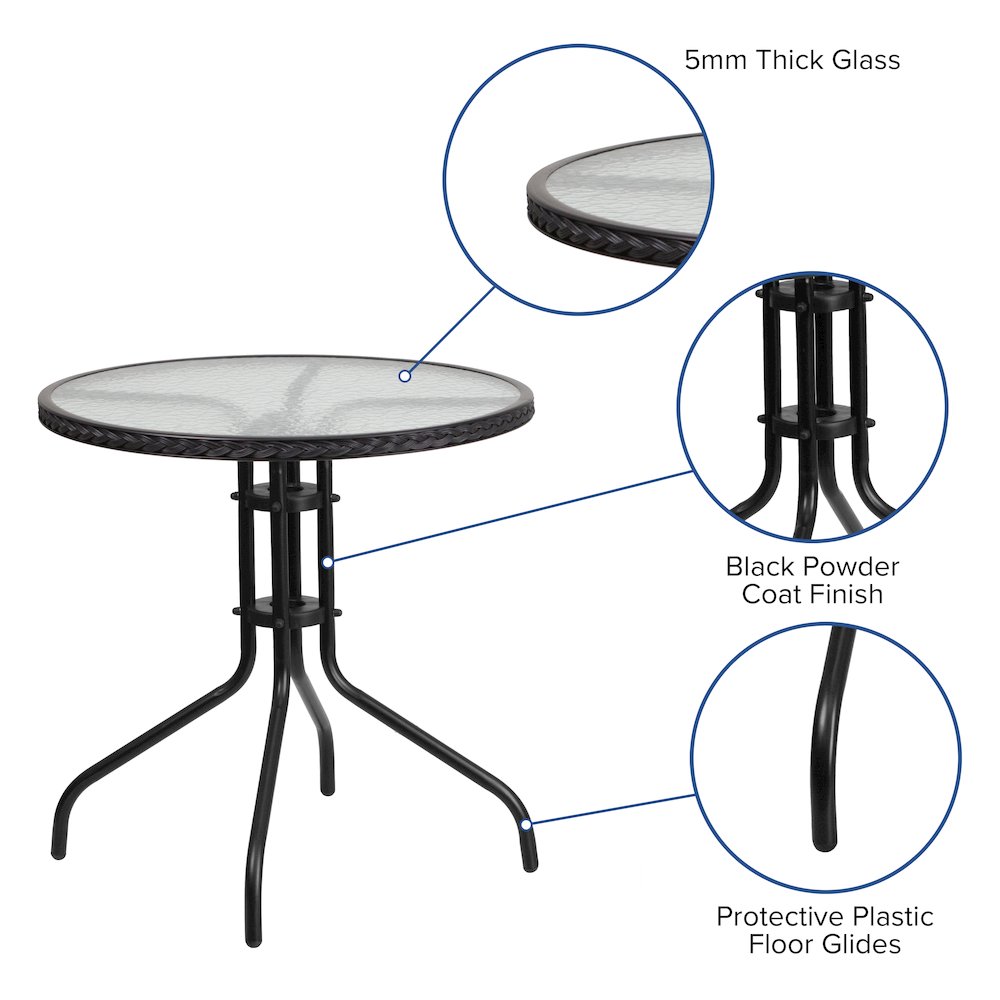 28'' Round Tempered Glass Metal Table with Black Rattan Edging. Picture 4