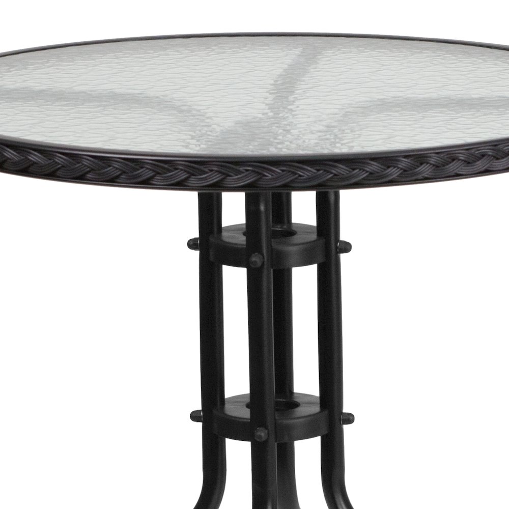 28'' Round Tempered Glass Metal Table with Black Rattan Edging. Picture 6