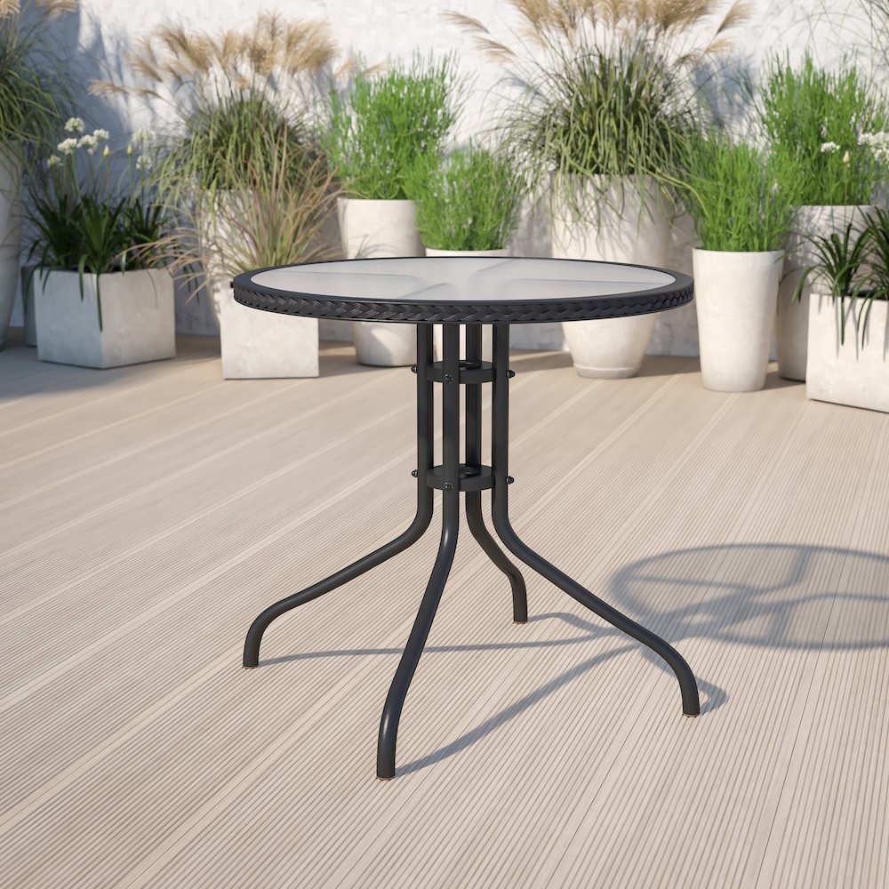 28'' Round Tempered Glass Metal Table with Black Rattan Edging. Picture 2
