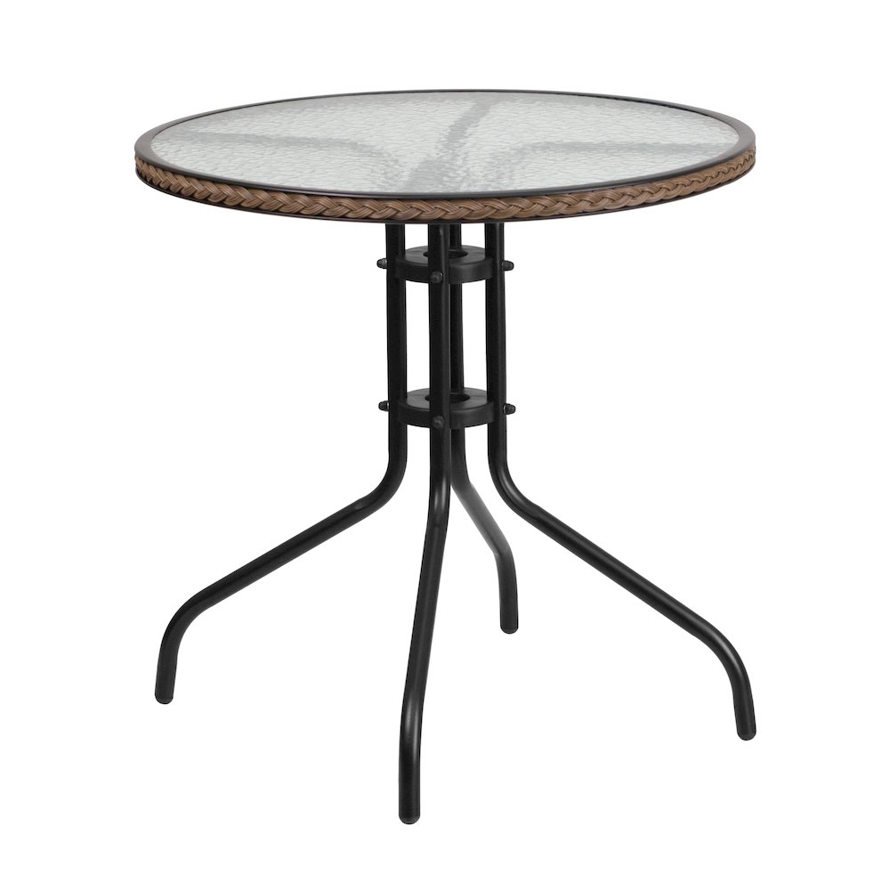 28'' Round Tempered Glass Metal Table with Dark Brown Rattan Edging. Picture 1