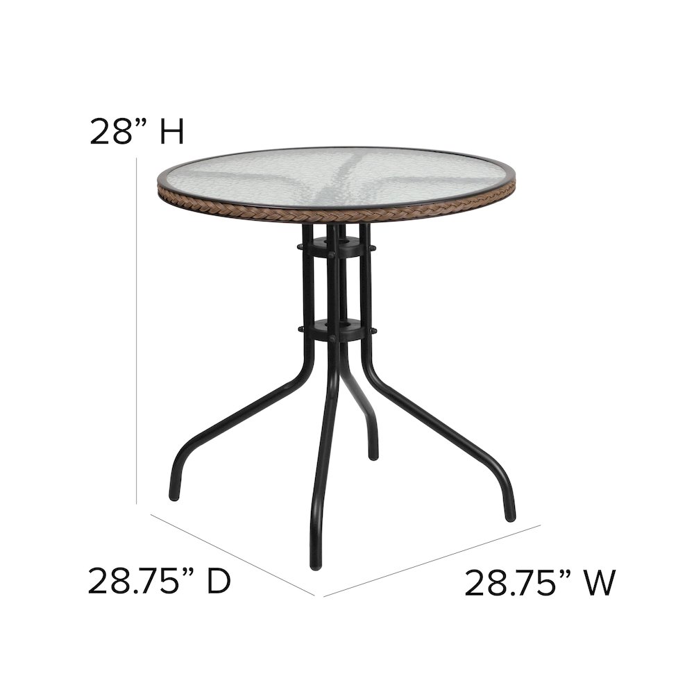 28'' Round Tempered Glass Metal Table with Dark Brown Rattan Edging. Picture 5