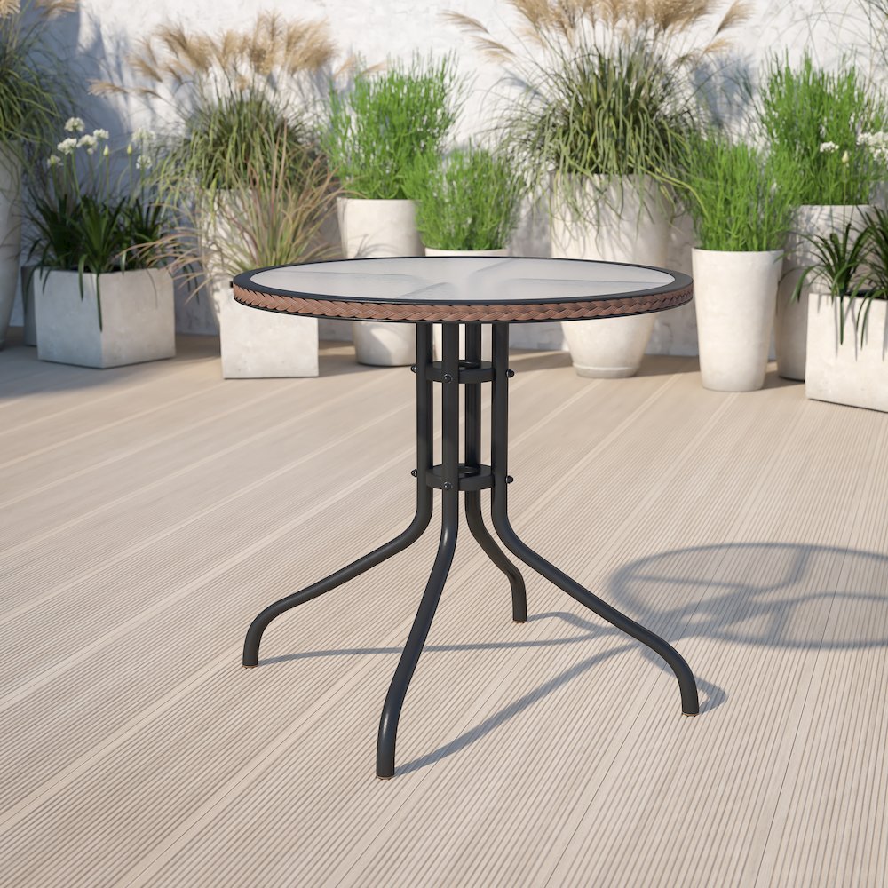 28'' Round Tempered Glass Metal Table with Dark Brown Rattan Edging. Picture 2