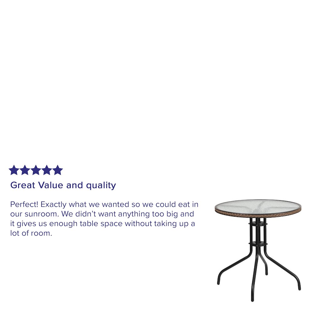 28'' Round Tempered Glass Metal Table with Dark Brown Rattan Edging. Picture 4