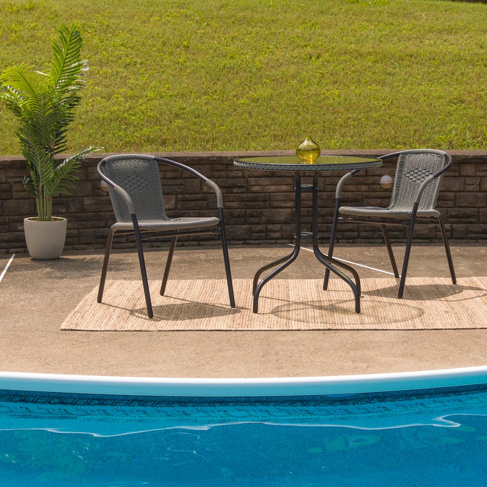 28'' Round Tempered Glass Metal Table with Gray Rattan Edging. Picture 2