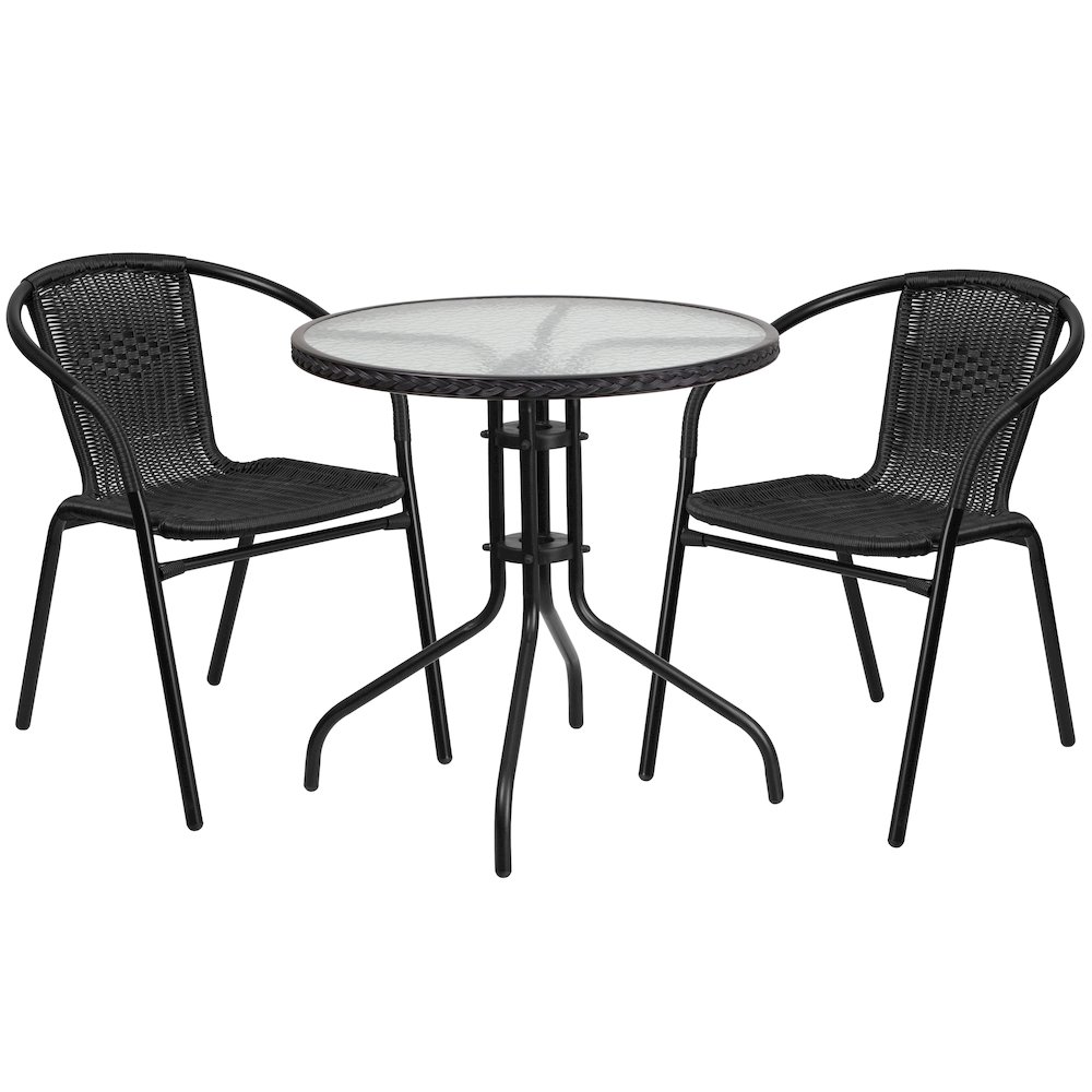 28'' Glass Metal Table with Black Rattan Edging and 2 Black Rattan Stack Chairs. Picture 1