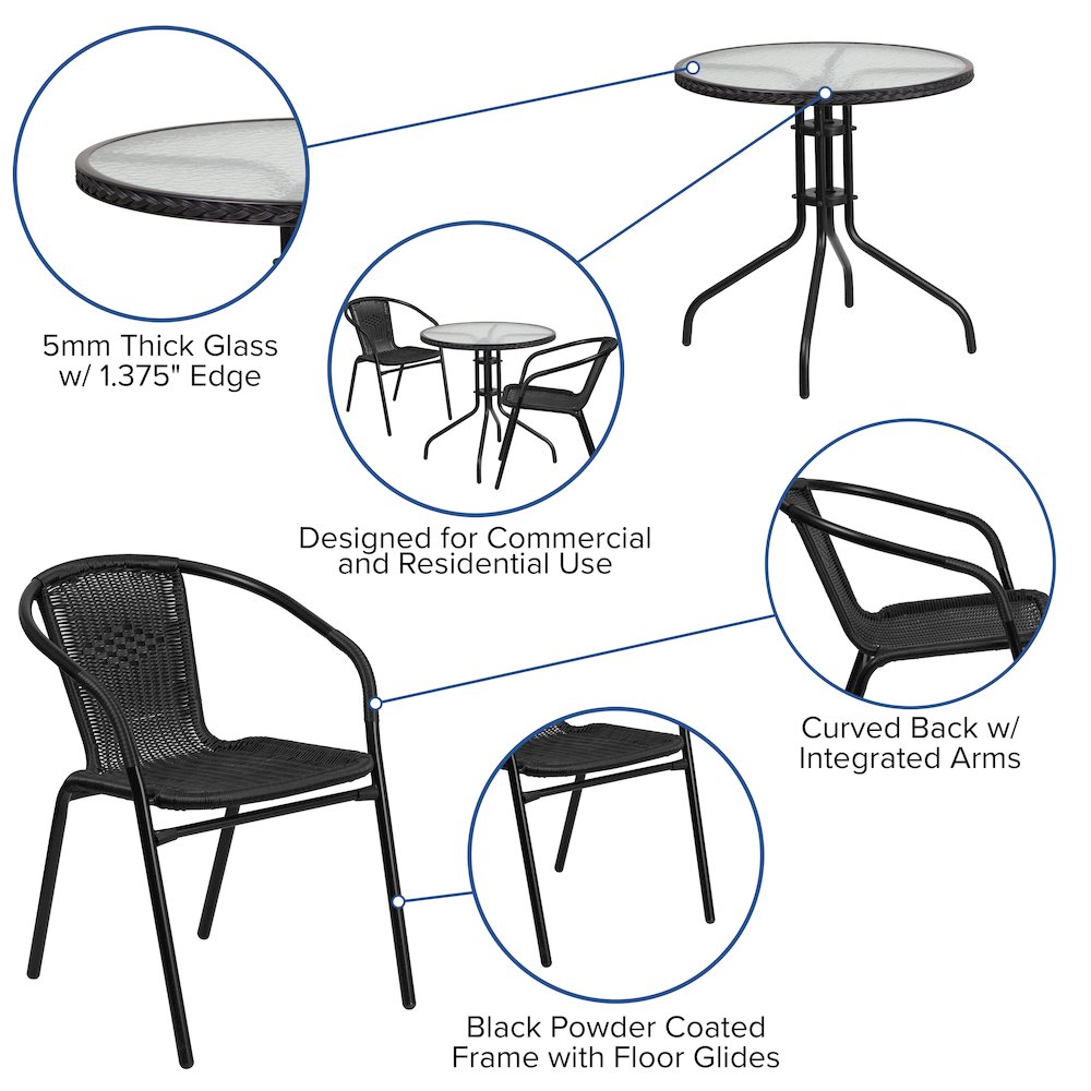 28'' Glass Metal Table with Black Rattan Edging and 2 Black Rattan Stack Chairs. Picture 4