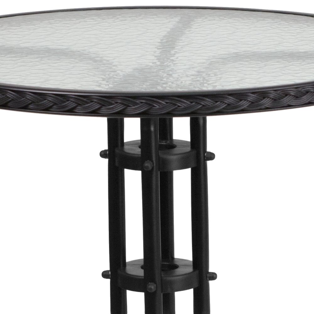 28'' Glass Metal Table with Black Rattan Edging and 2 Black Rattan Stack Chairs. Picture 6