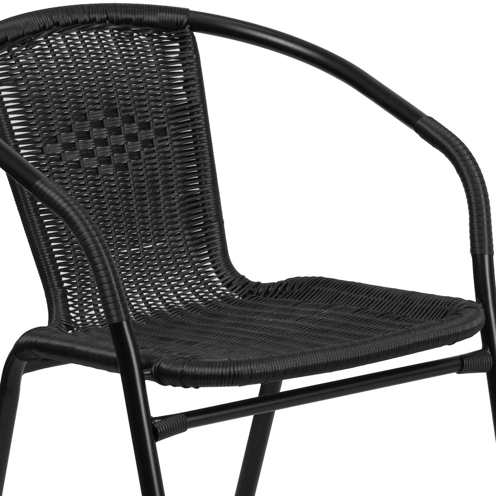 28'' Glass Metal Table with Black Rattan Edging and 2 Black Rattan Stack Chairs. Picture 10