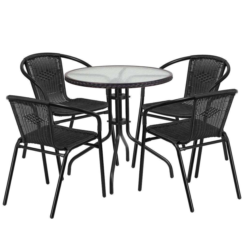 28'' Glass Metal Table with Black Rattan Edging and 4 Black Rattan Stack Chairs. Picture 1