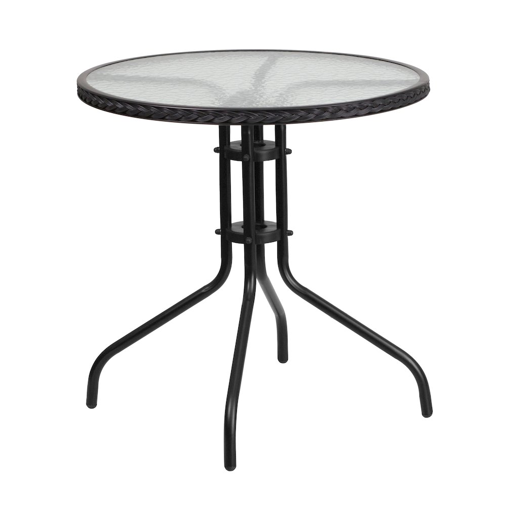28'' Glass Metal Table with Black Rattan Edging and 4 Black Rattan Stack Chairs. Picture 7