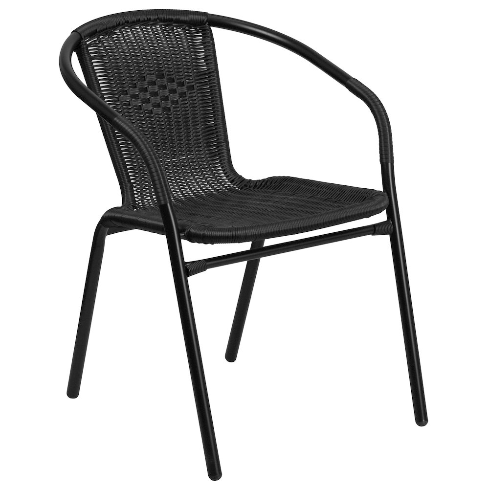 28'' Glass Metal Table with Black Rattan Edging and 4 Black Rattan Stack Chairs. Picture 8