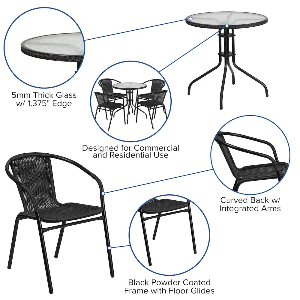 28'' Glass Metal Table with Black Rattan Edging and 4 Black Rattan Stack Chairs. Picture 4
