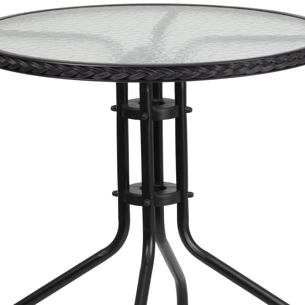 28'' Glass Metal Table with Black Rattan Edging and 4 Black Rattan Stack Chairs. Picture 6