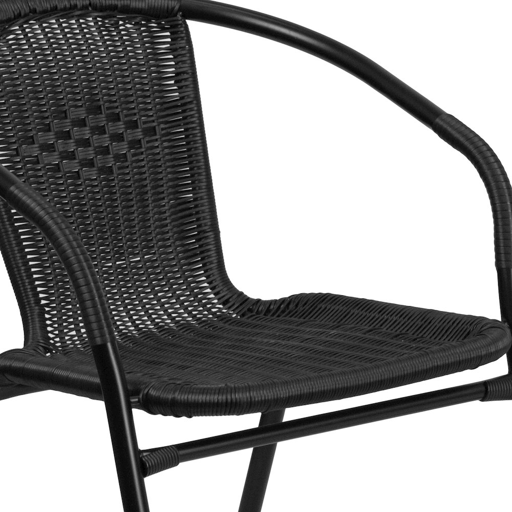 28'' Glass Metal Table with Black Rattan Edging and 4 Black Rattan Stack Chairs. Picture 10