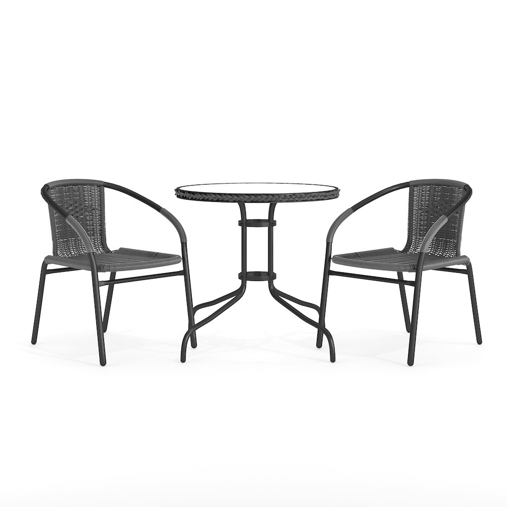 28'' Glass Metal Table with Gray Rattan Edging and 2 Gray Rattan Stack Chairs. Picture 1