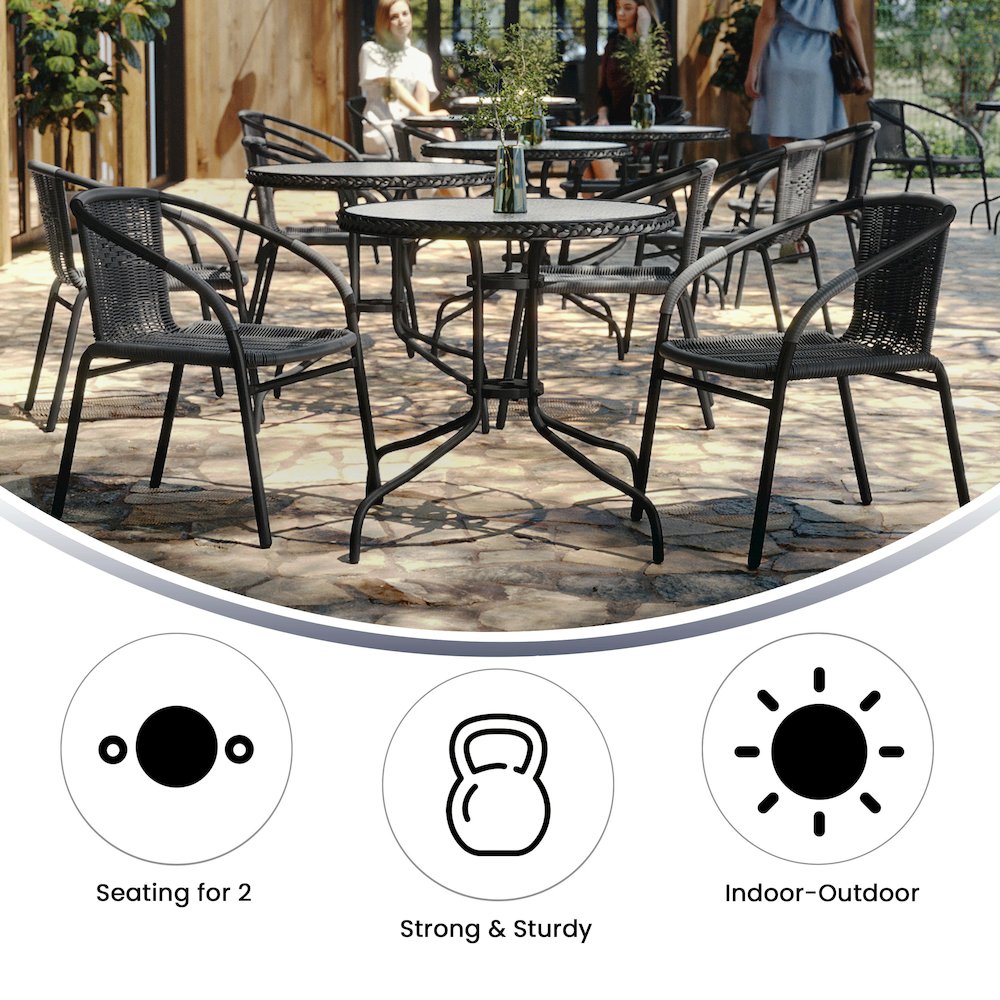 28'' Glass Metal Table with Gray Rattan Edging and 2 Gray Rattan Stack Chairs. Picture 5