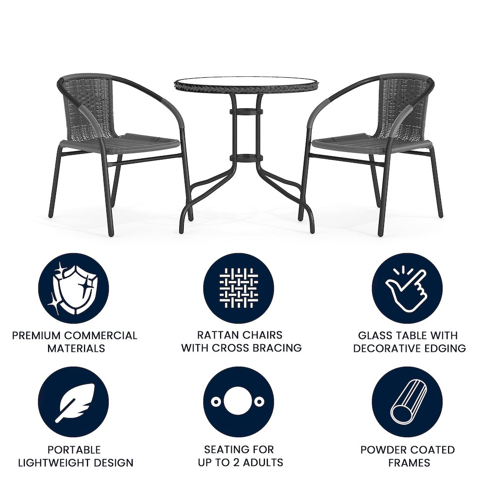 28'' Glass Metal Table with Gray Rattan Edging and 2 Gray Rattan Stack Chairs. Picture 4