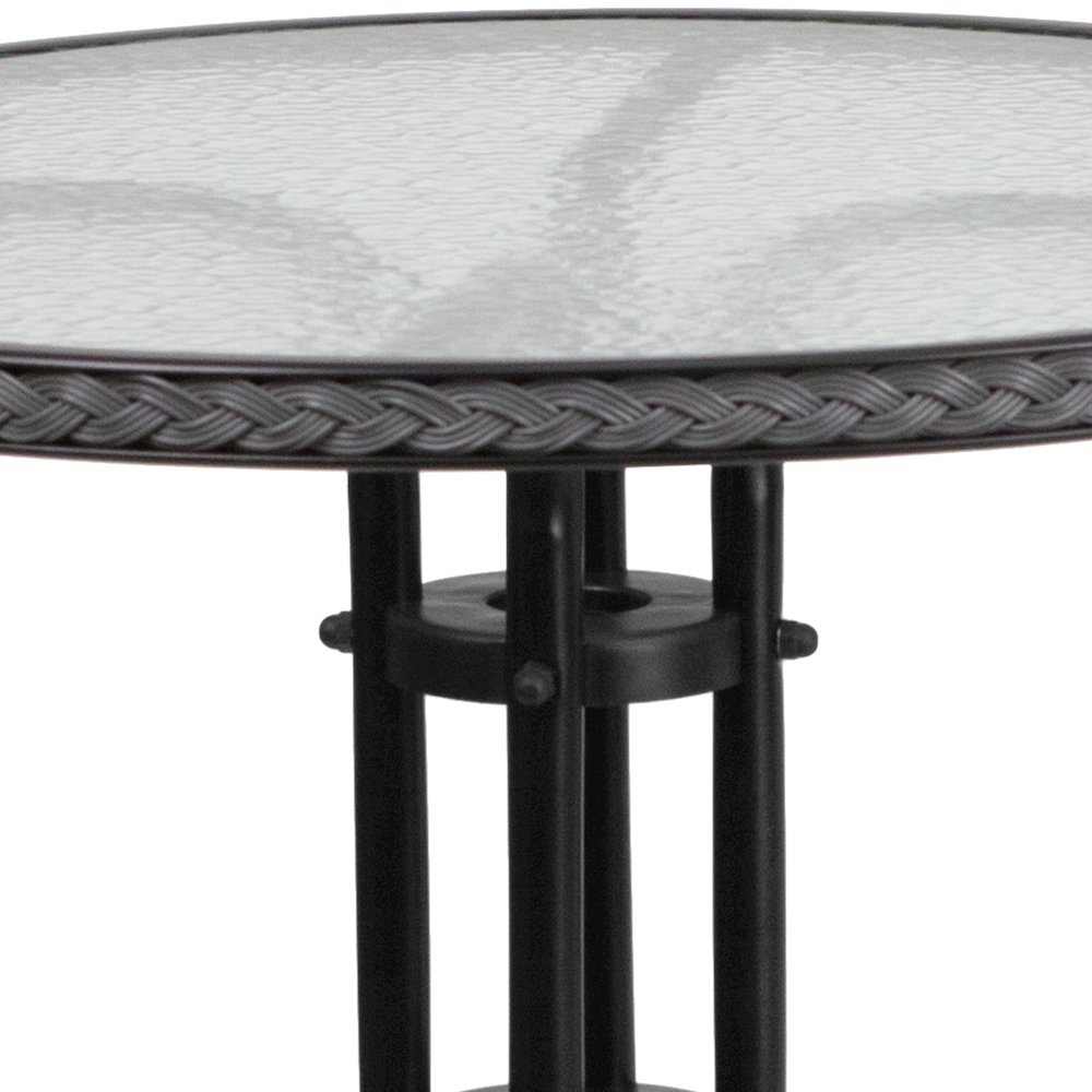 28'' Glass Metal Table with Gray Rattan Edging and 2 Gray Rattan Stack Chairs. Picture 11