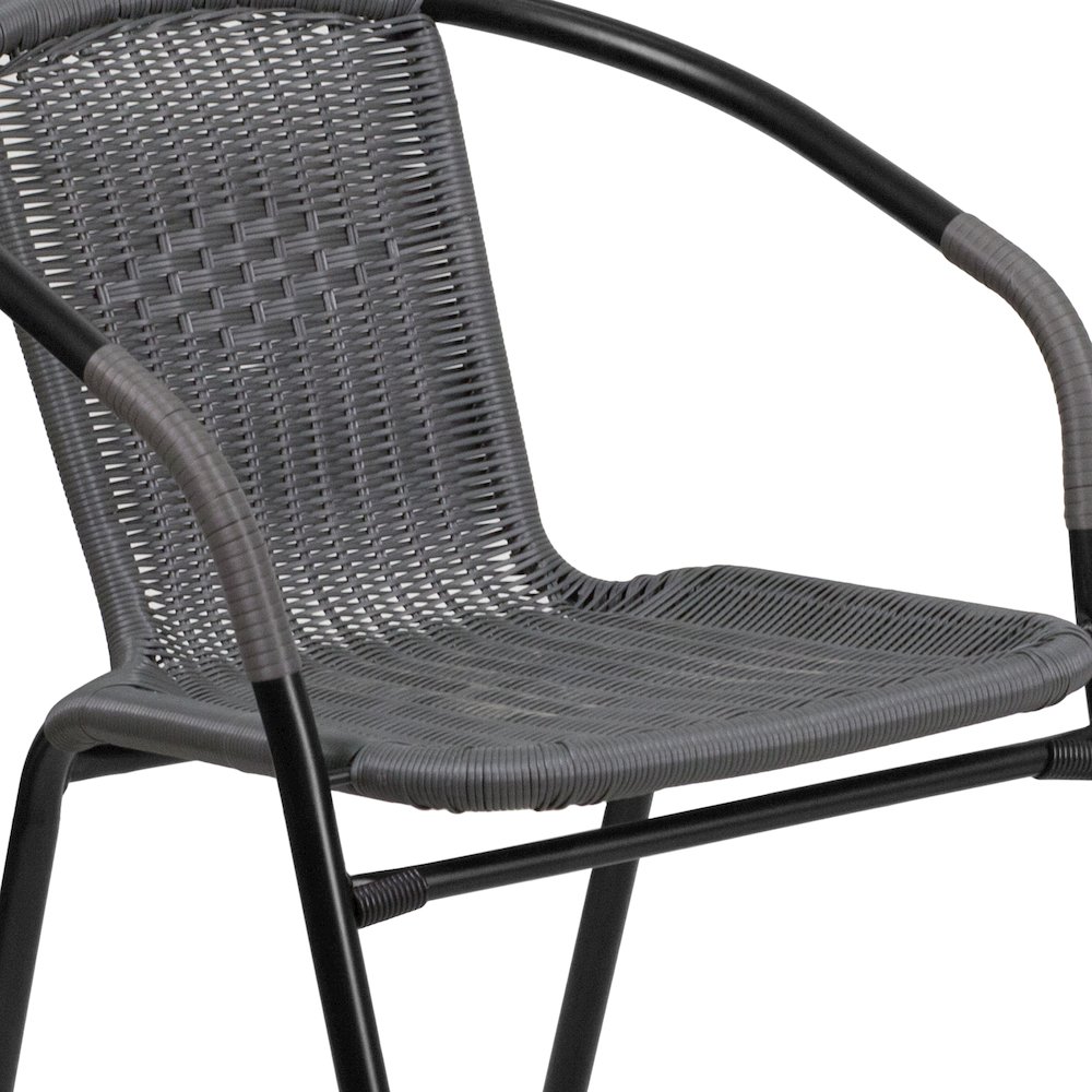 28'' Glass Metal Table with Gray Rattan Edging and 2 Gray Rattan Stack Chairs. Picture 12