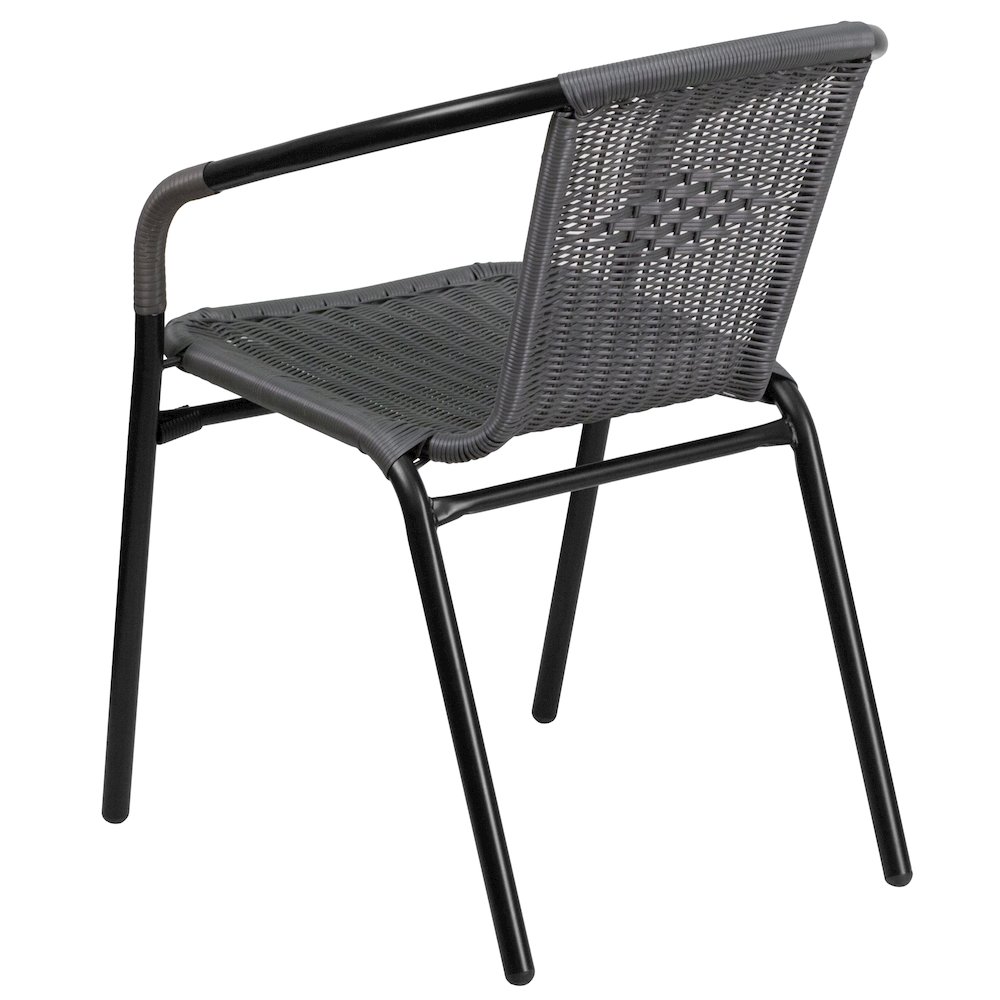 28'' Glass Metal Table with Gray Rattan Edging and 2 Gray Rattan Stack Chairs. Picture 13