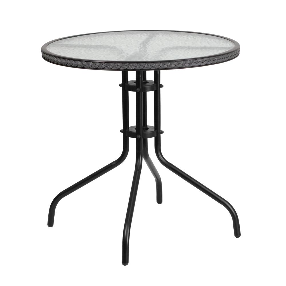 28'' Round Glass Metal Table with Gray Rattan Edging and 2 Gray Rattan Stack Chairs. Picture 2