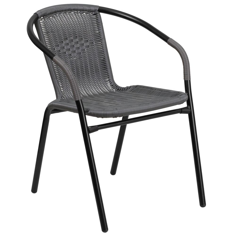28'' Round Glass Metal Table with Gray Rattan Edging and 2 Gray Rattan Stack Chairs. Picture 3