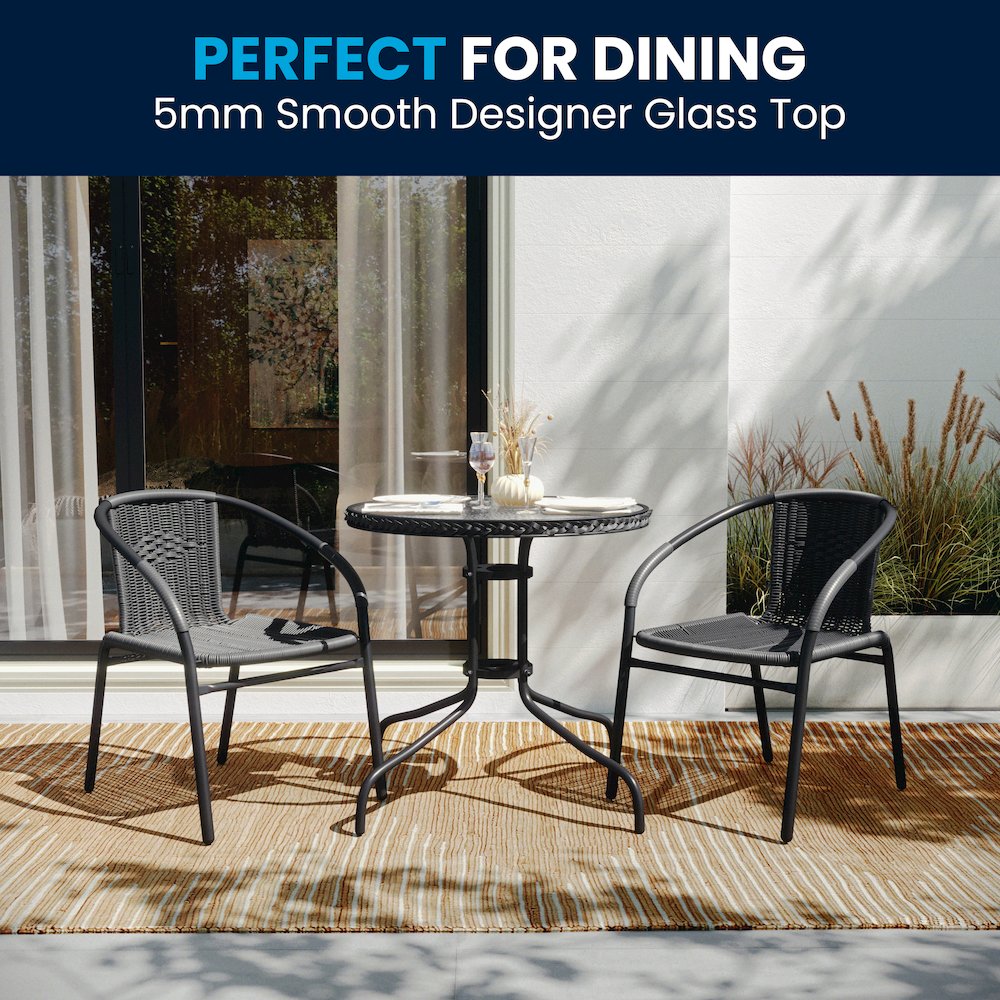 28'' Glass Metal Table with Gray Rattan Edging and 2 Gray Rattan Stack Chairs. Picture 9