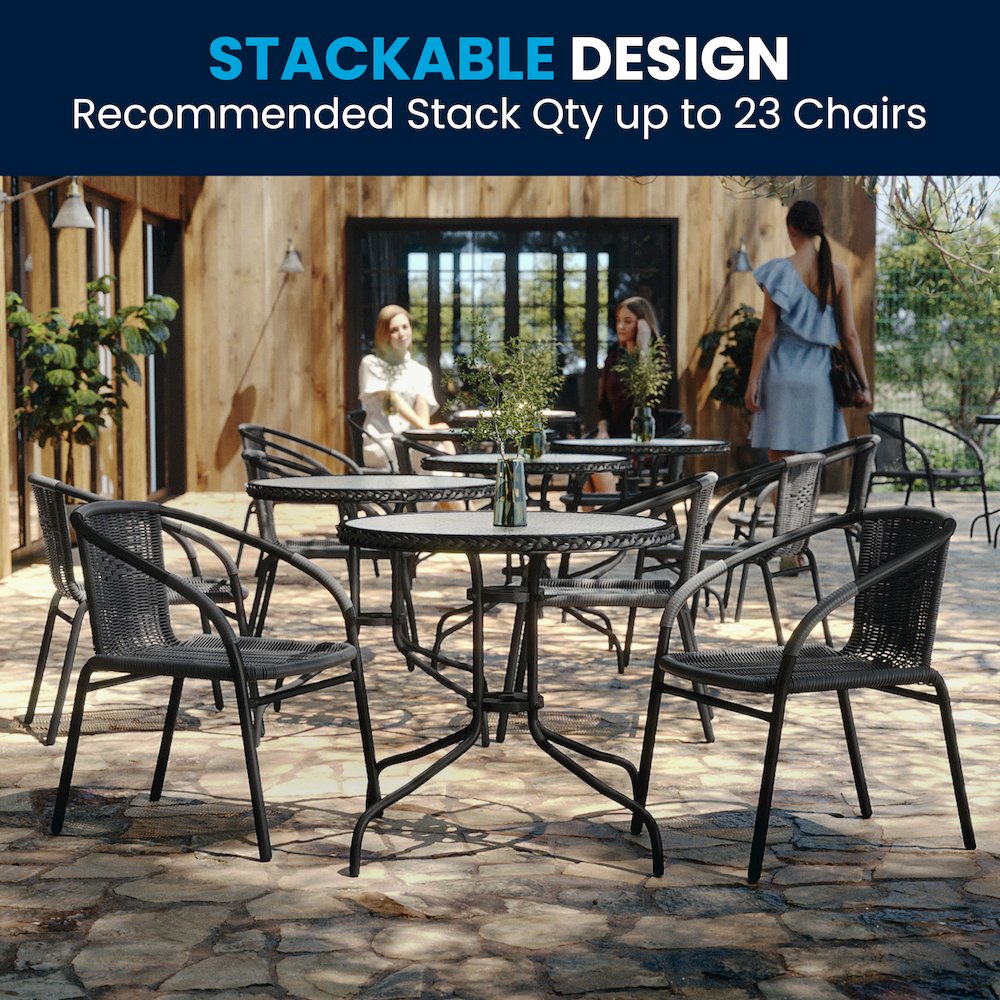 28'' Glass Metal Table with Gray Rattan Edging and 2 Gray Rattan Stack Chairs. Picture 10