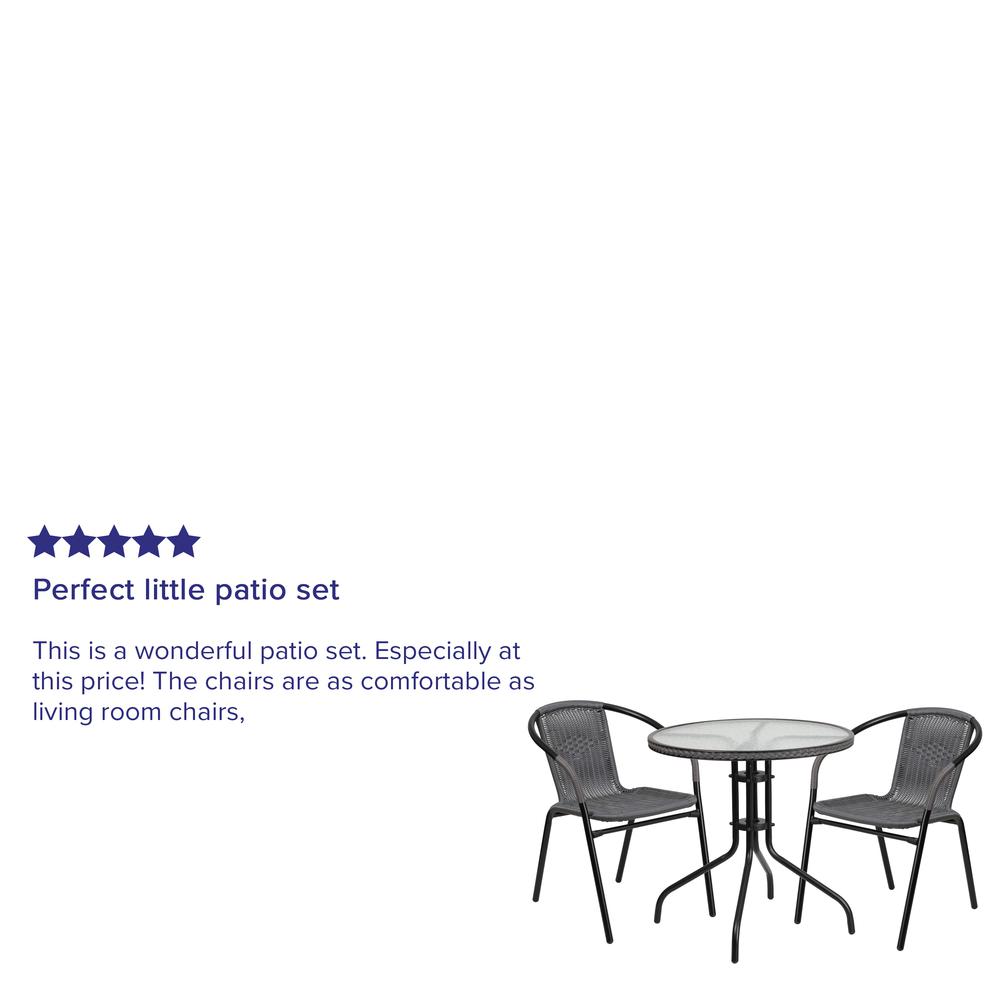 28'' Round Glass Metal Table with Gray Rattan Edging and 2 Gray Rattan Stack Chairs. Picture 5