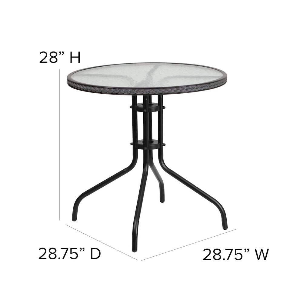 28'' Glass Metal Table with Gray Rattan Edging and 4 Gray Rattan Stack Chairs. Picture 5