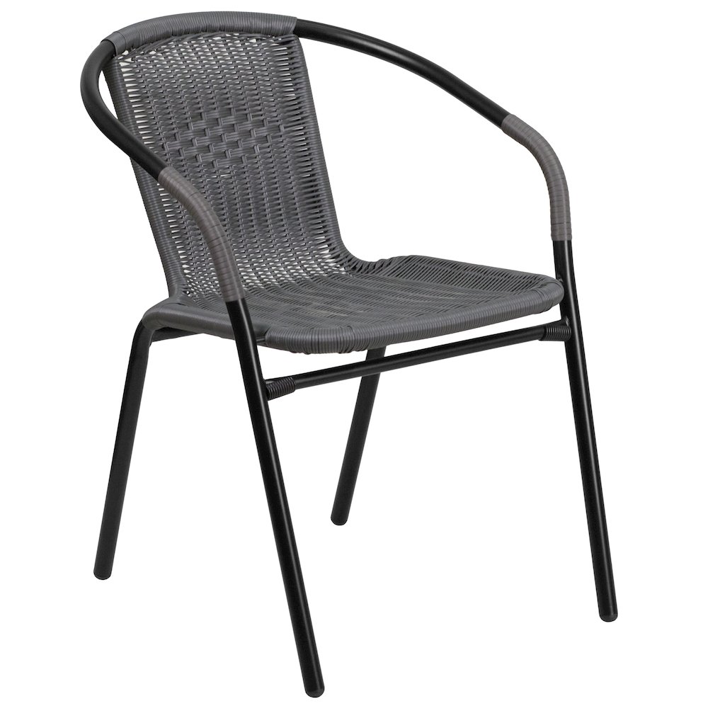 28'' Round Glass Metal Table with Gray Rattan Edging and 4 Gray Rattan Stack Chairs. Picture 3